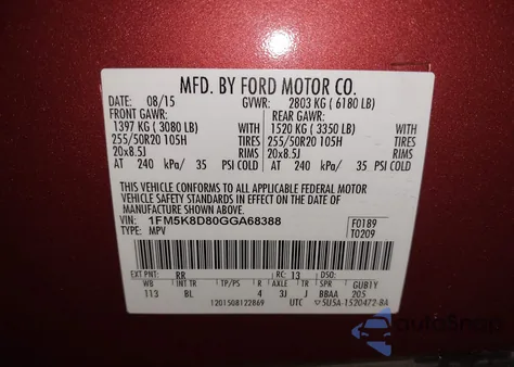 2016 Ford Explorer Xlt из США, поврежденный, VIN 1FM5K8D80GGA68388